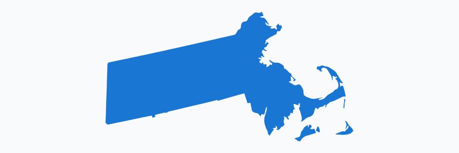 A simple blue silhouette of the map of Massachusetts on a white background.