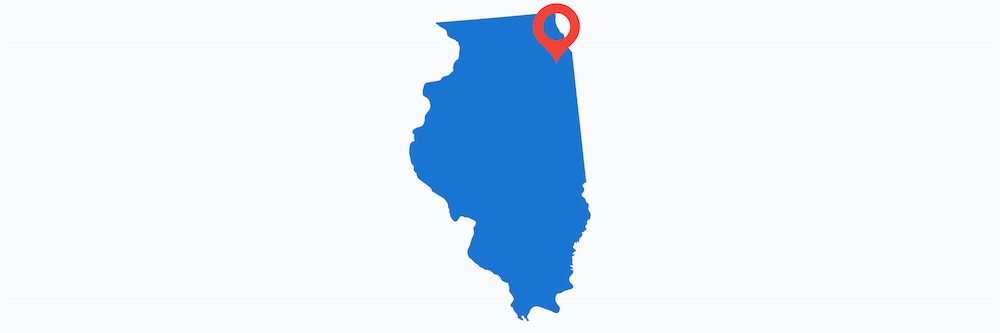 Image shows a blue outline of the state of Illinois with a red pinpoint showing the location of Chicago.