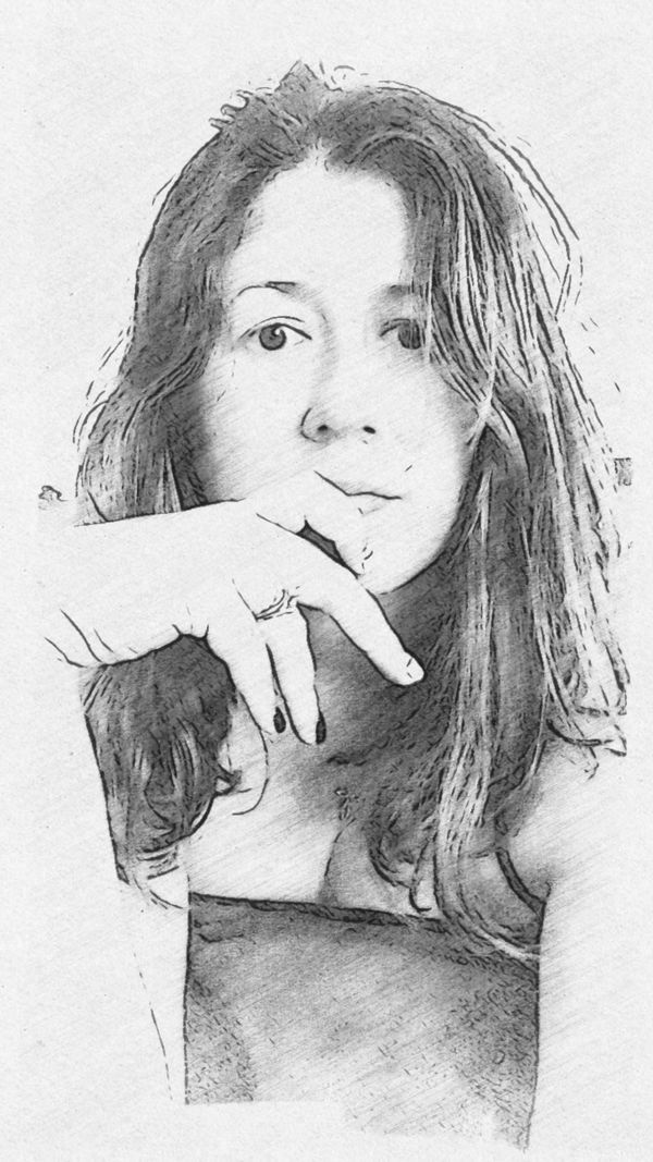 Black and white sketch-style image of a woman with long hair looking contemplatively at the camera, her hand resting under her chin.
